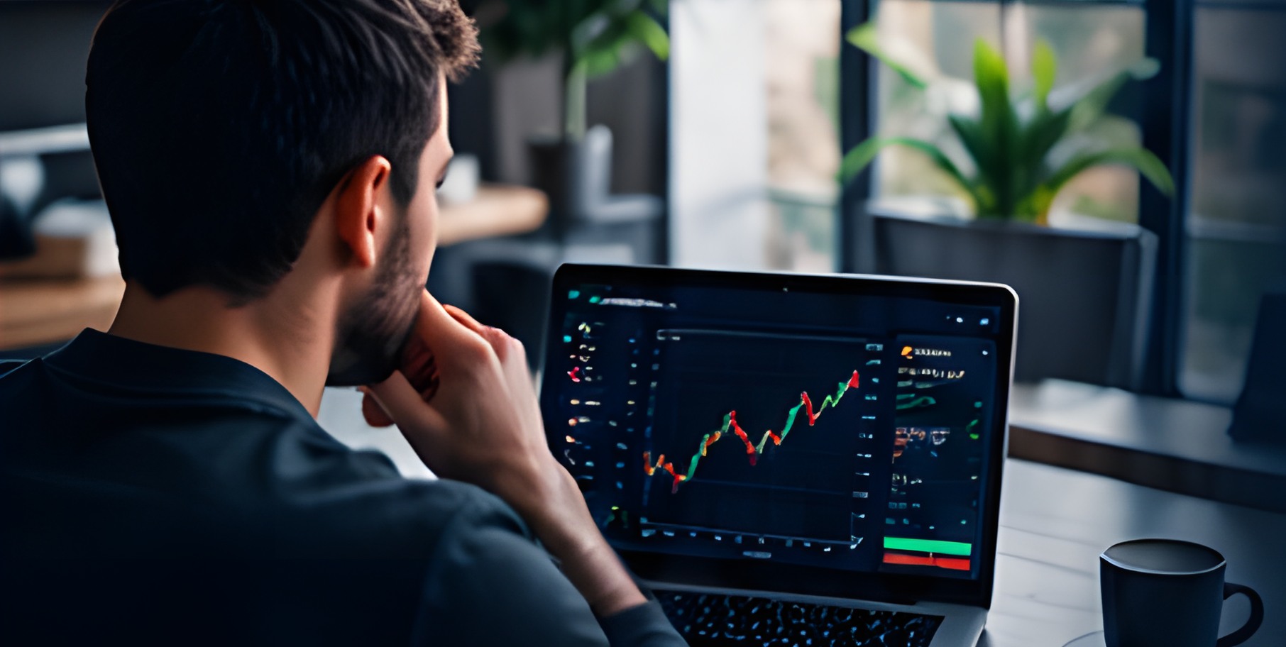 Trader analysing a market chart on a laptop