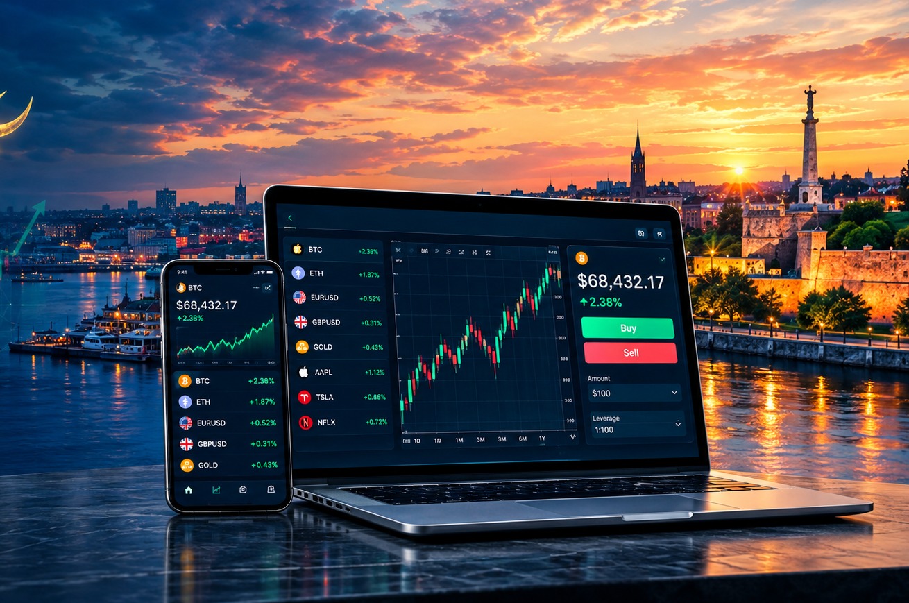 GoTradeNow platform on laptop and phone with Belgrade at sunset
